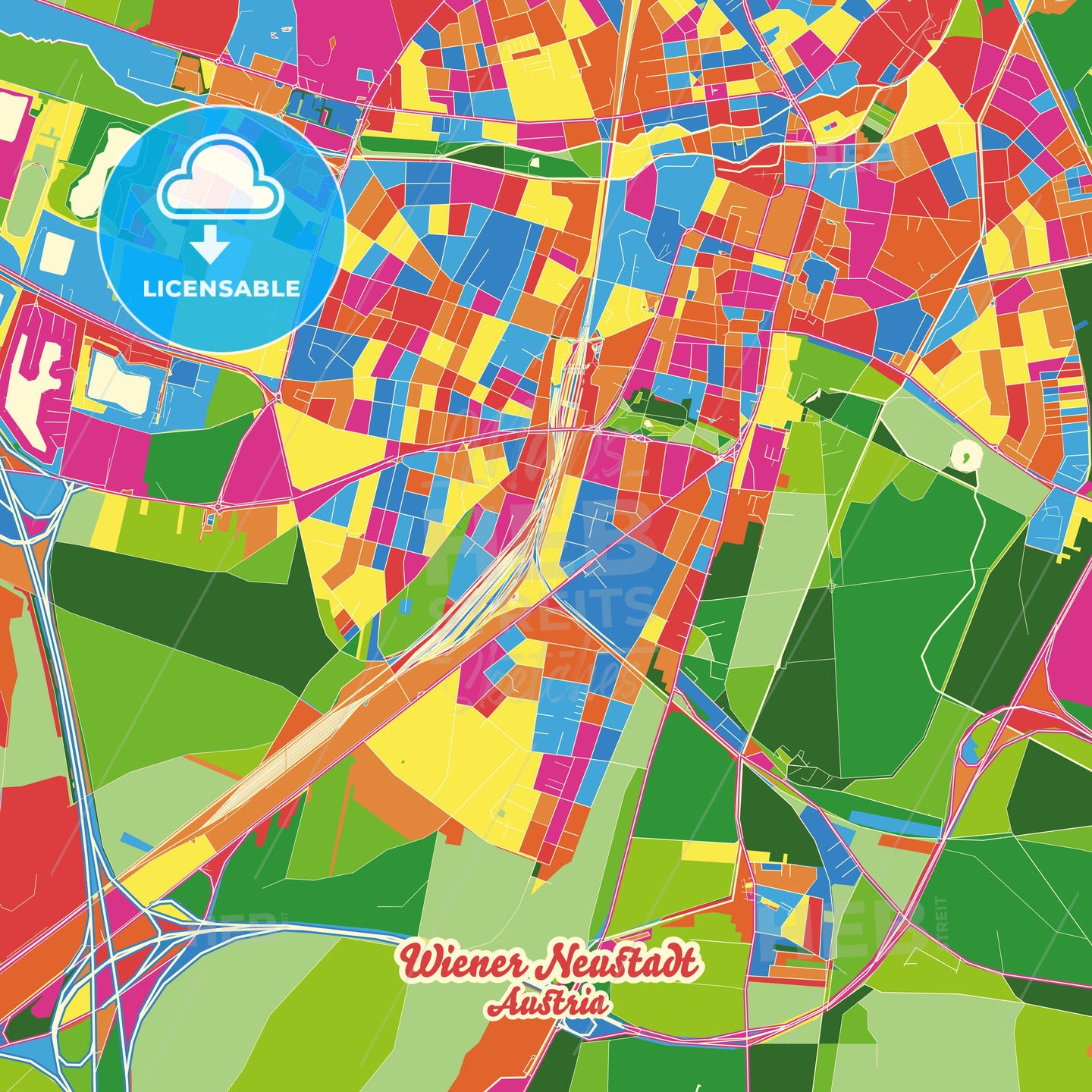 Wiener Neustadt, Austria Crazy Colorful Street Map Poster Template - HEBSTREITS Sketches
