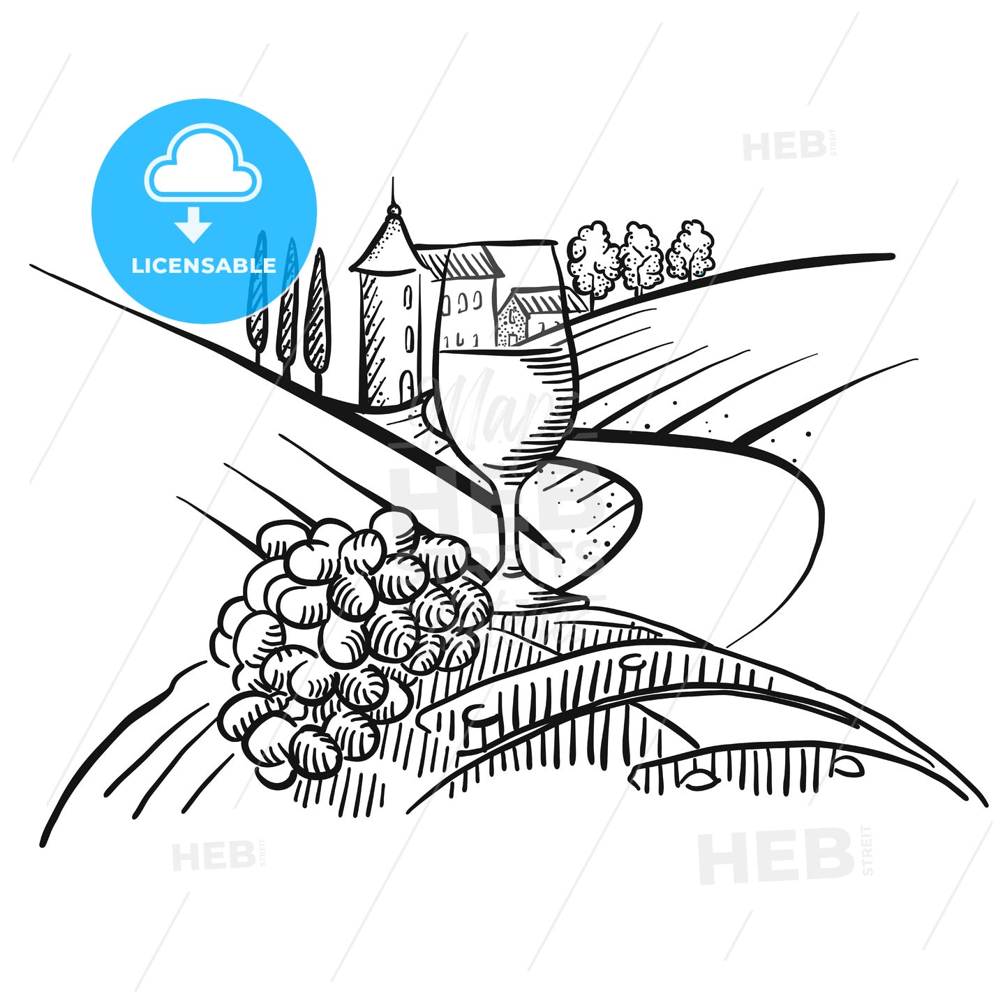 Wine and grapes in front of farmland – instant download