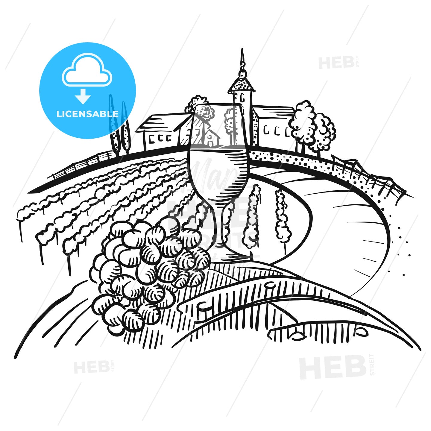 Wine on barrel and vineyard landscape – instant download