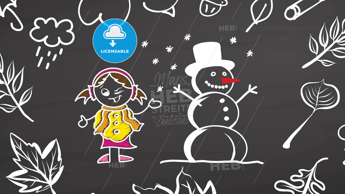Winter dreams. Girl and snowman on chalkboard – instant download