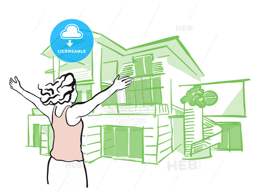 Woman is pulling arms upwards in front of dream house – instant download