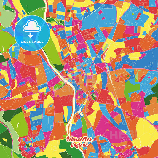 Worcester, England Crazy Colorful Street Map Poster Template - HEBSTREITS Sketches