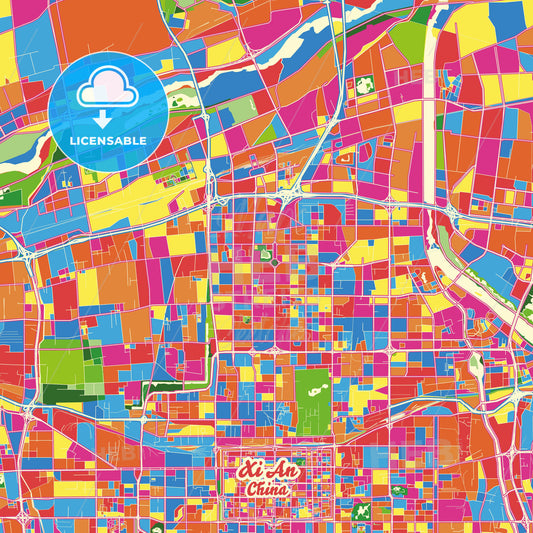 Xi an, China Crazy Colorful Street Map Poster Template - HEBSTREITS Sketches