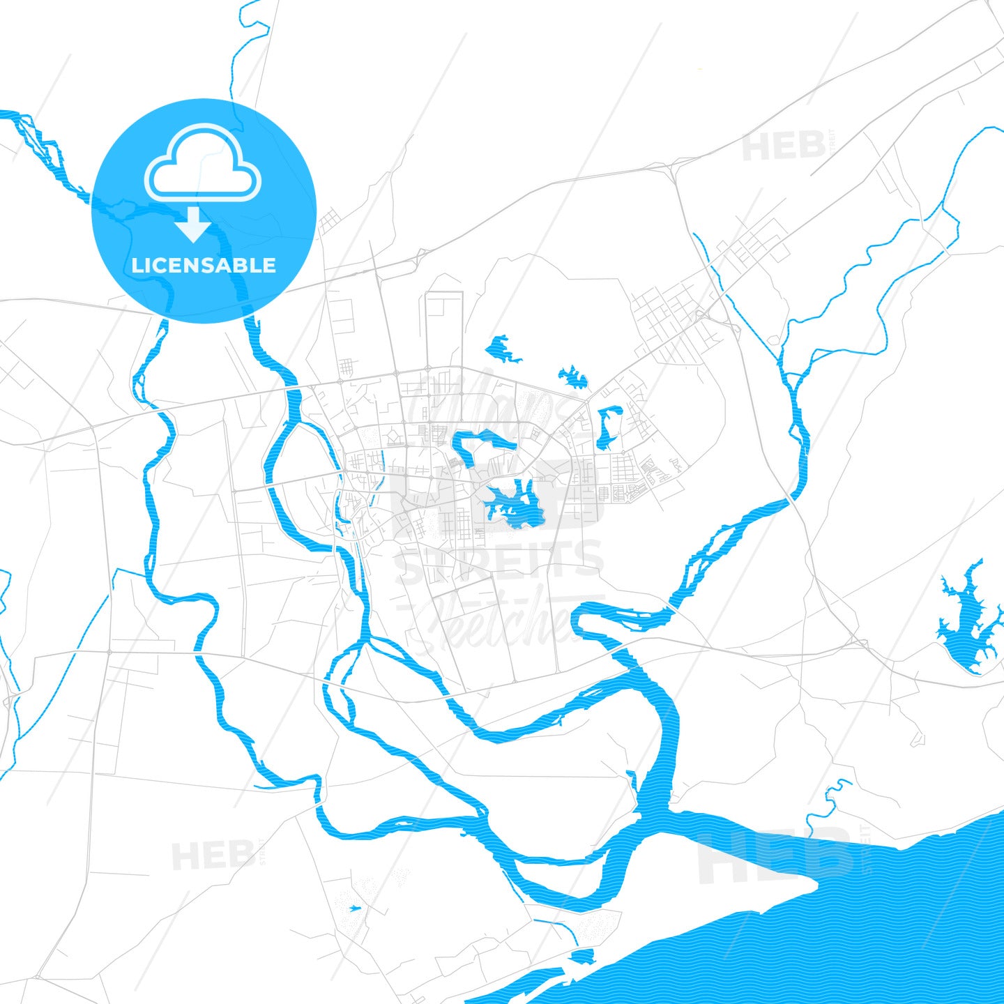 Yangjiang, China PDF vector map with water in focus