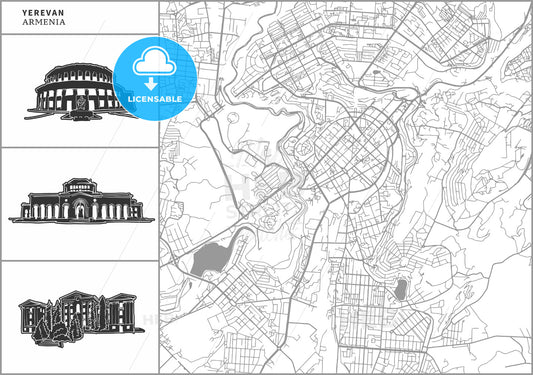 Yerevan city map with hand-drawn architecture icons