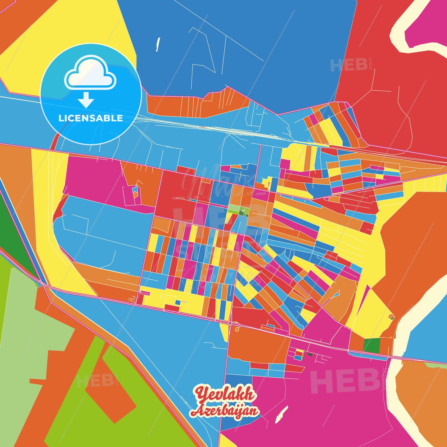 Yevlakh, Azerbaijan Crazy Colorful Street Map Poster Template - HEBSTREITS Sketches