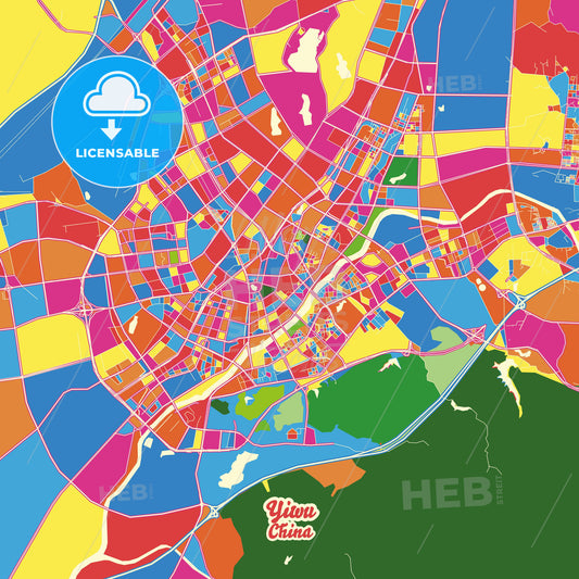 Yiwu, China Crazy Colorful Street Map Poster Template - HEBSTREITS Sketches