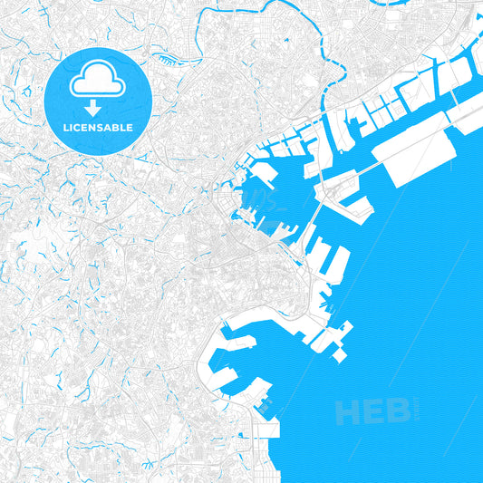 Yokohama, Japan PDF vector map with water in focus