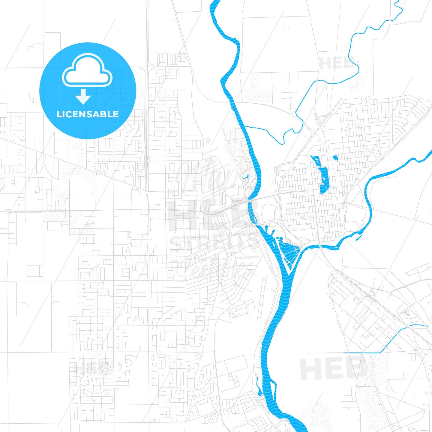 Yuba City, California, United States, PDF vector map with water in focus