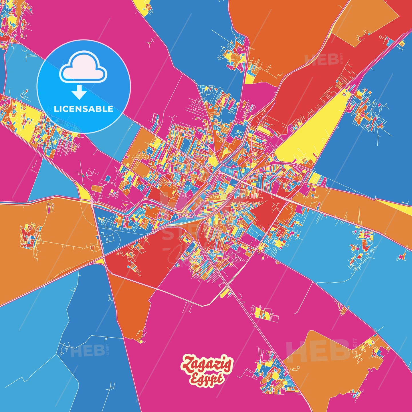 Zagazig, Egypt Crazy Colorful Street Map Poster Template - HEBSTREITS Sketches