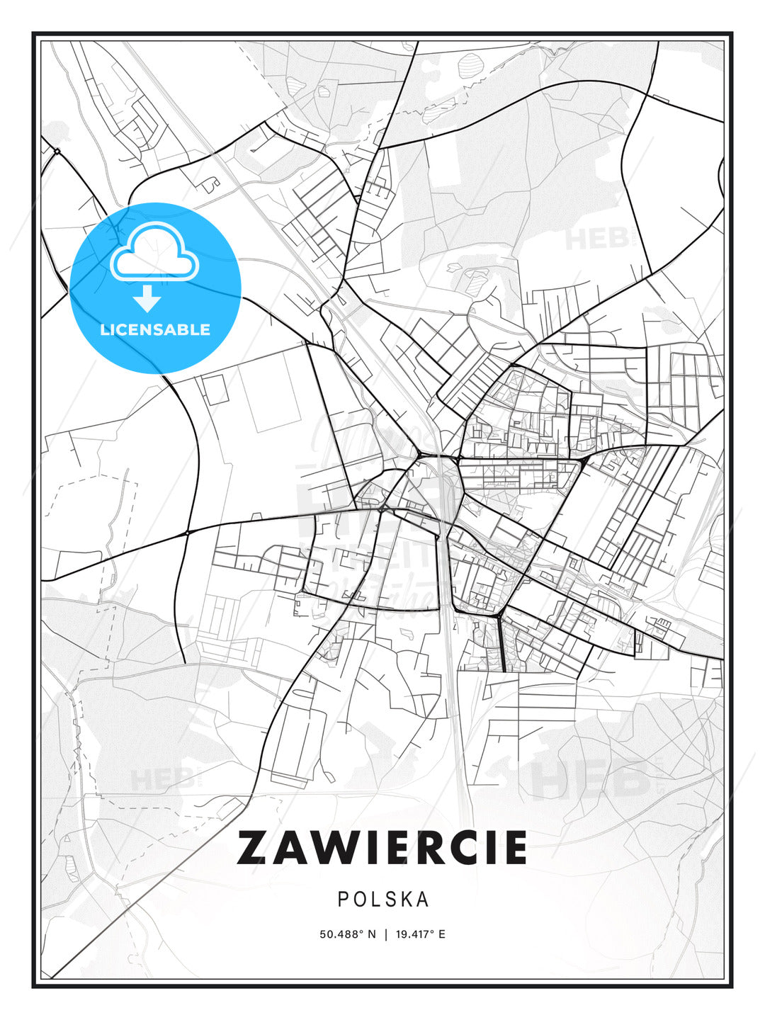 Zawiercie, Poland, Modern Print Template in Various Formats - HEBSTREITS Sketches