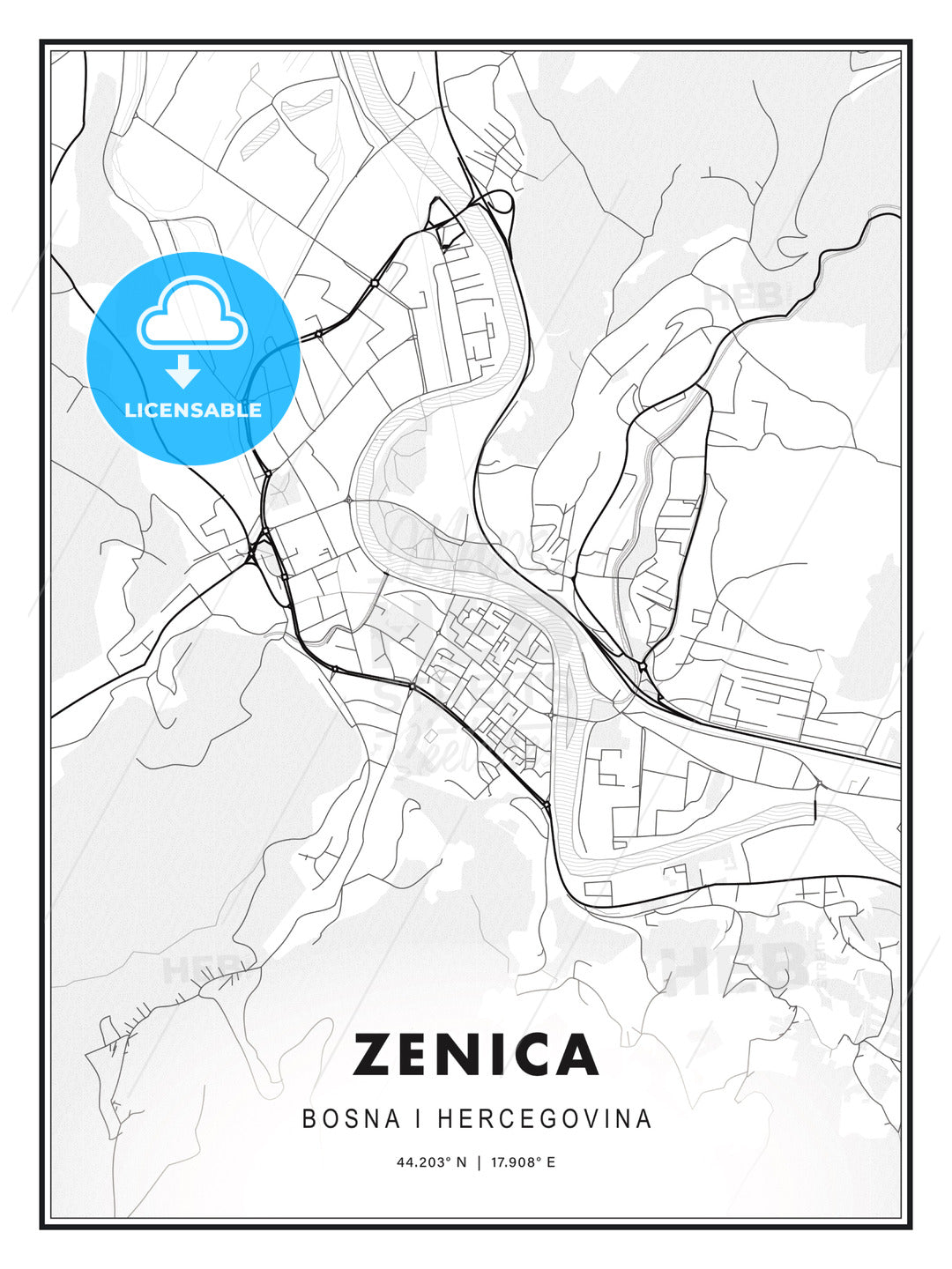 Zenica, Bosnia and Herzegovina, Modern Print Template in Various Formats - HEBSTREITS Sketches