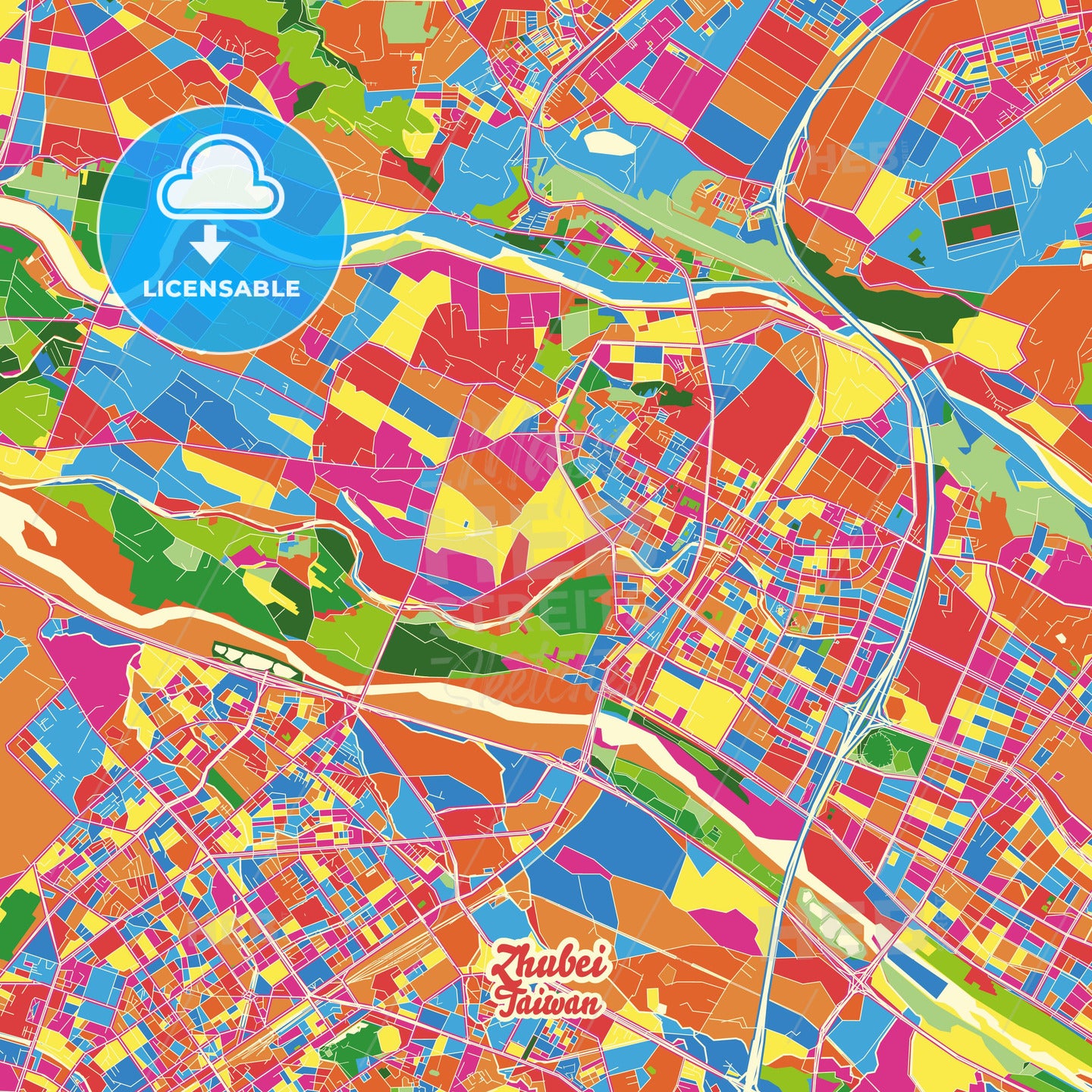 Zhubei, Taiwan Crazy Colorful Street Map Poster Template - HEBSTREITS Sketches