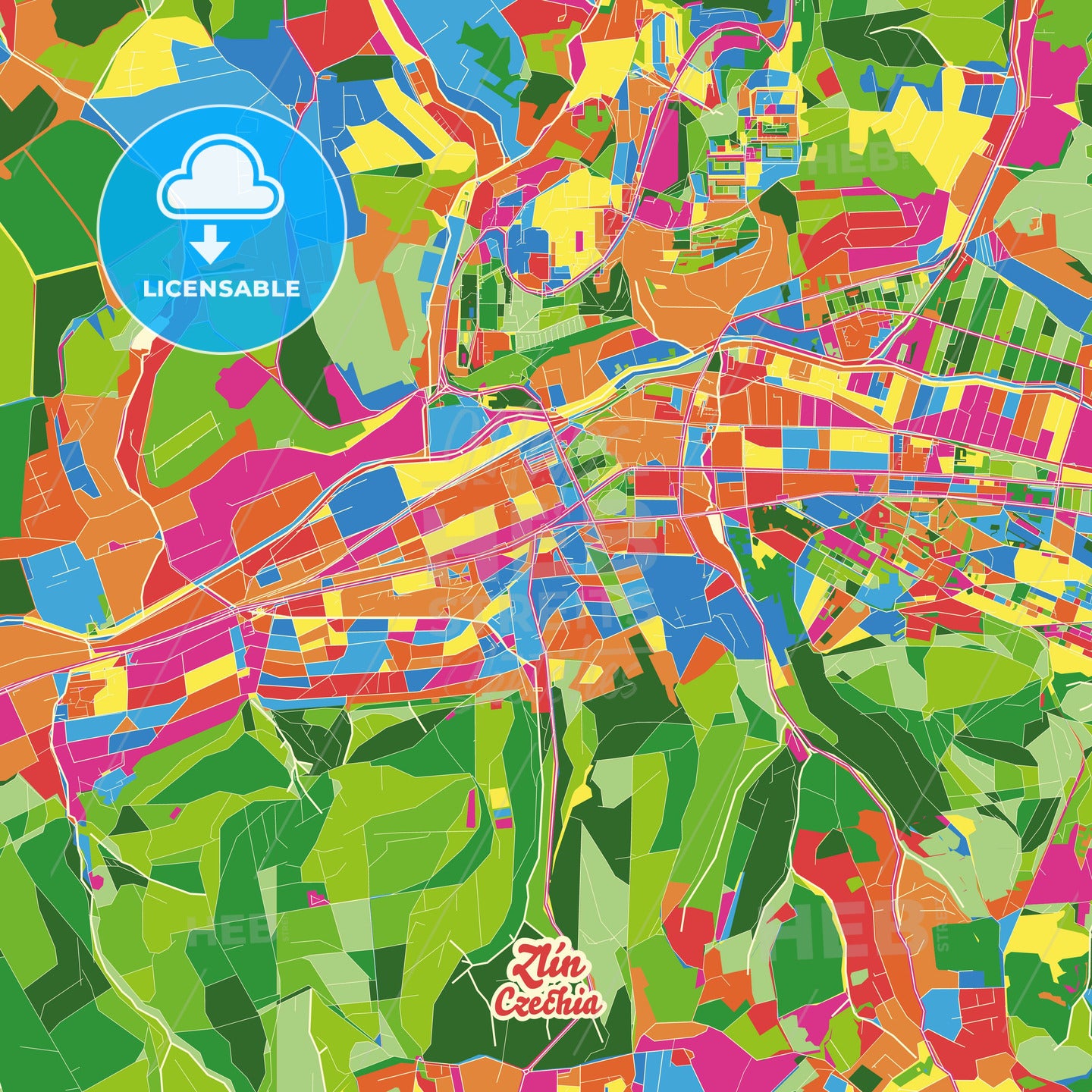 Zlín, Czechia Crazy Colorful Street Map Poster Template - HEBSTREITS Sketches