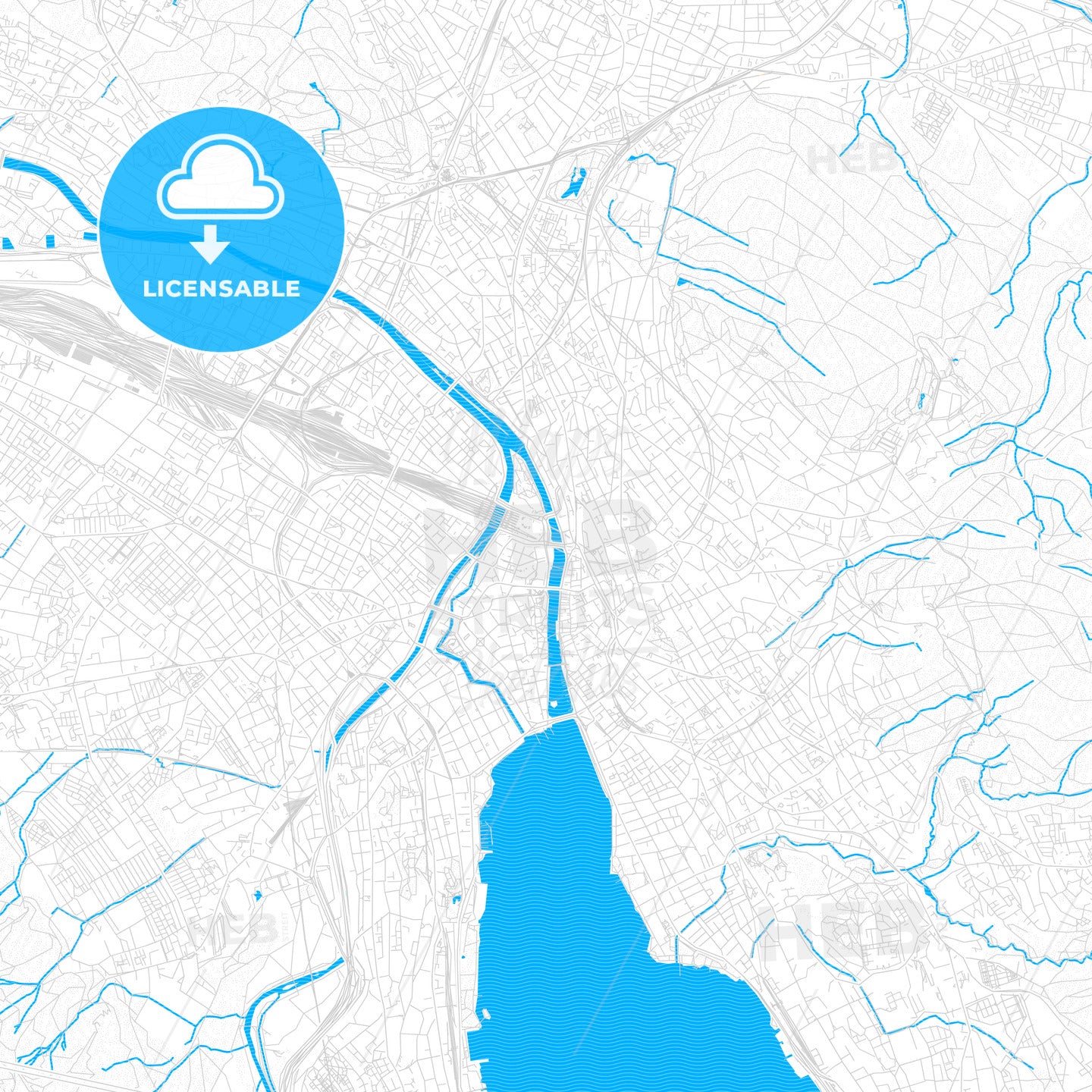 Zürich, Switzerland PDF vector map with water in focus