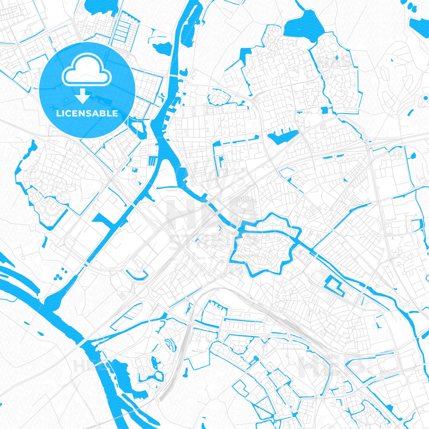 Zwolle, Netherlands PDF vector map with water in focus