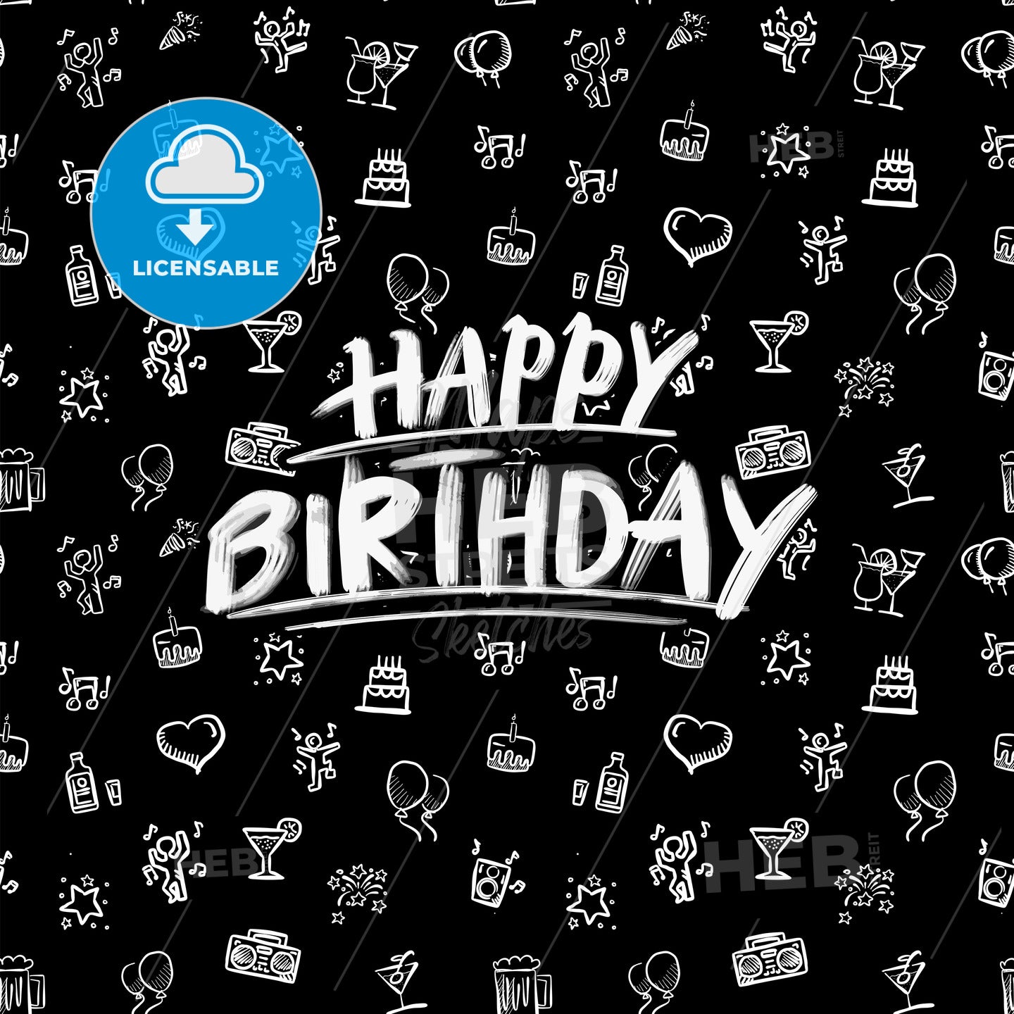 happy birthday lettering with party doodles – instant download