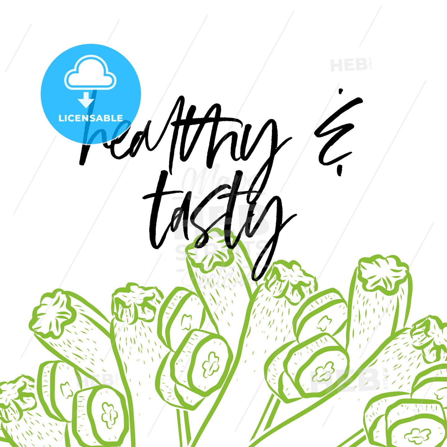 healthy &amp; tasty lettering on outlined Courgettes banner template – instant download