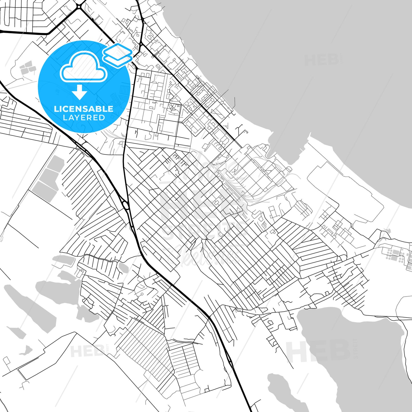 Layered PDF map of Kaspiysk, Republic of Dagestan, Russia