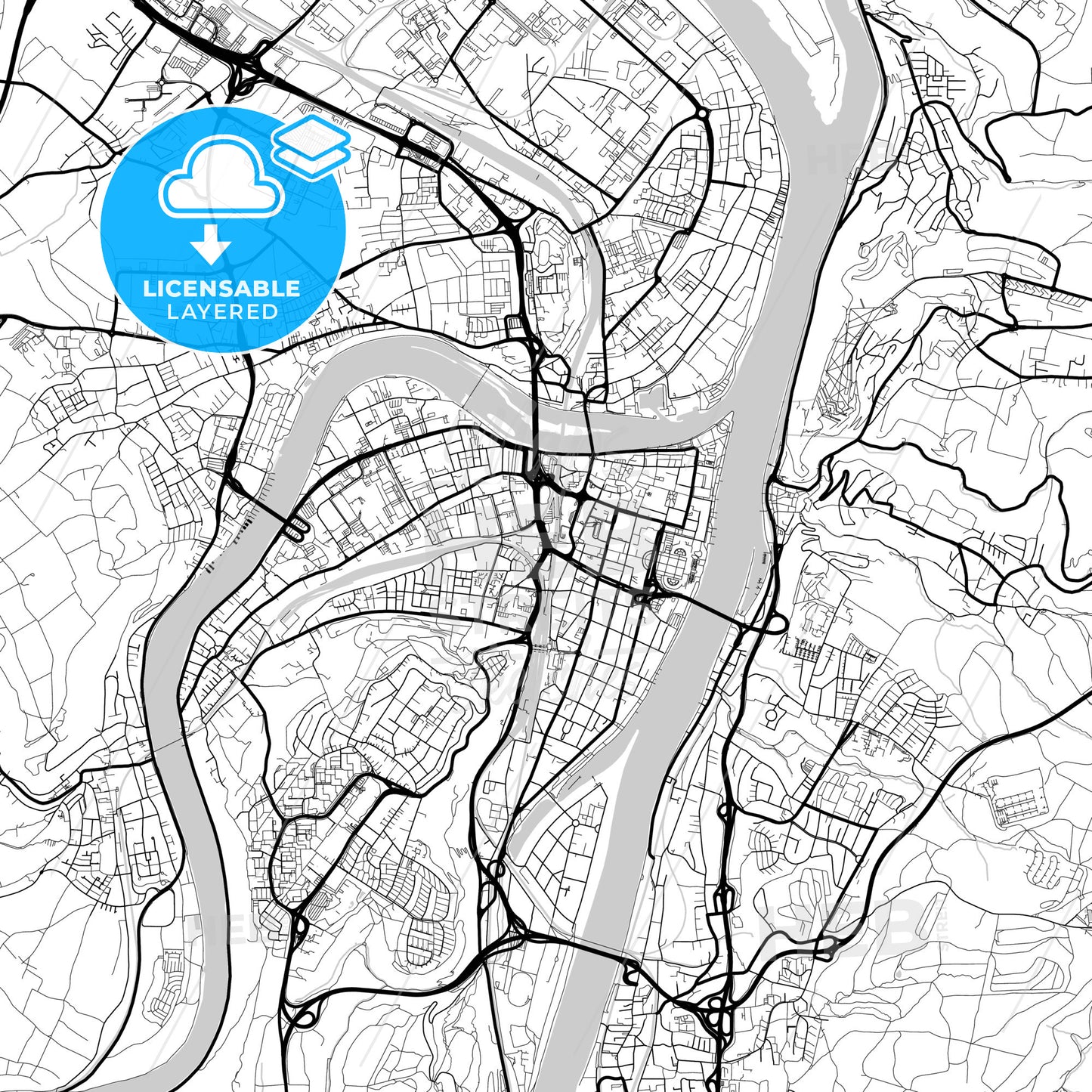 Layered PDF map of Koblenz, Rheinland-Pfalz, Germany