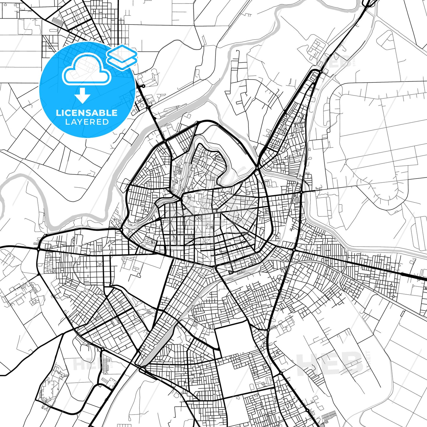 Layered PDF map of Larissa, Thessaly, Greece