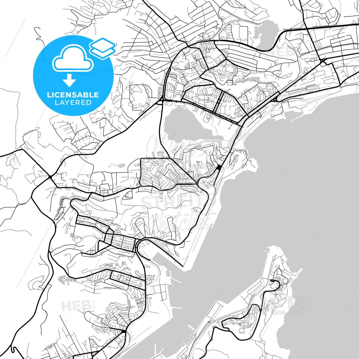 Layered PDF map of Nakhodka, Primorsky Krai, Russia