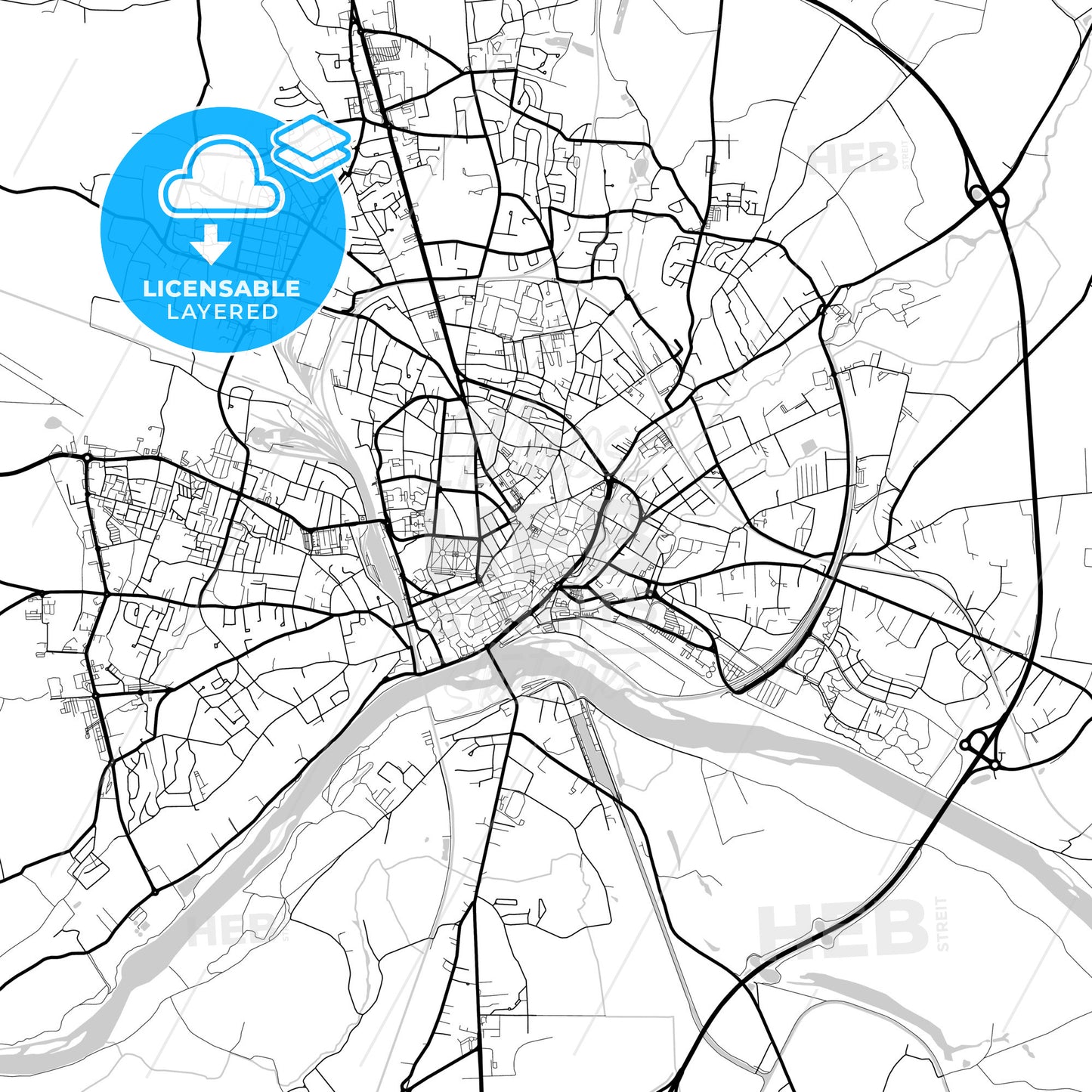 Layered PDF map of Nevers, Nièvre, France