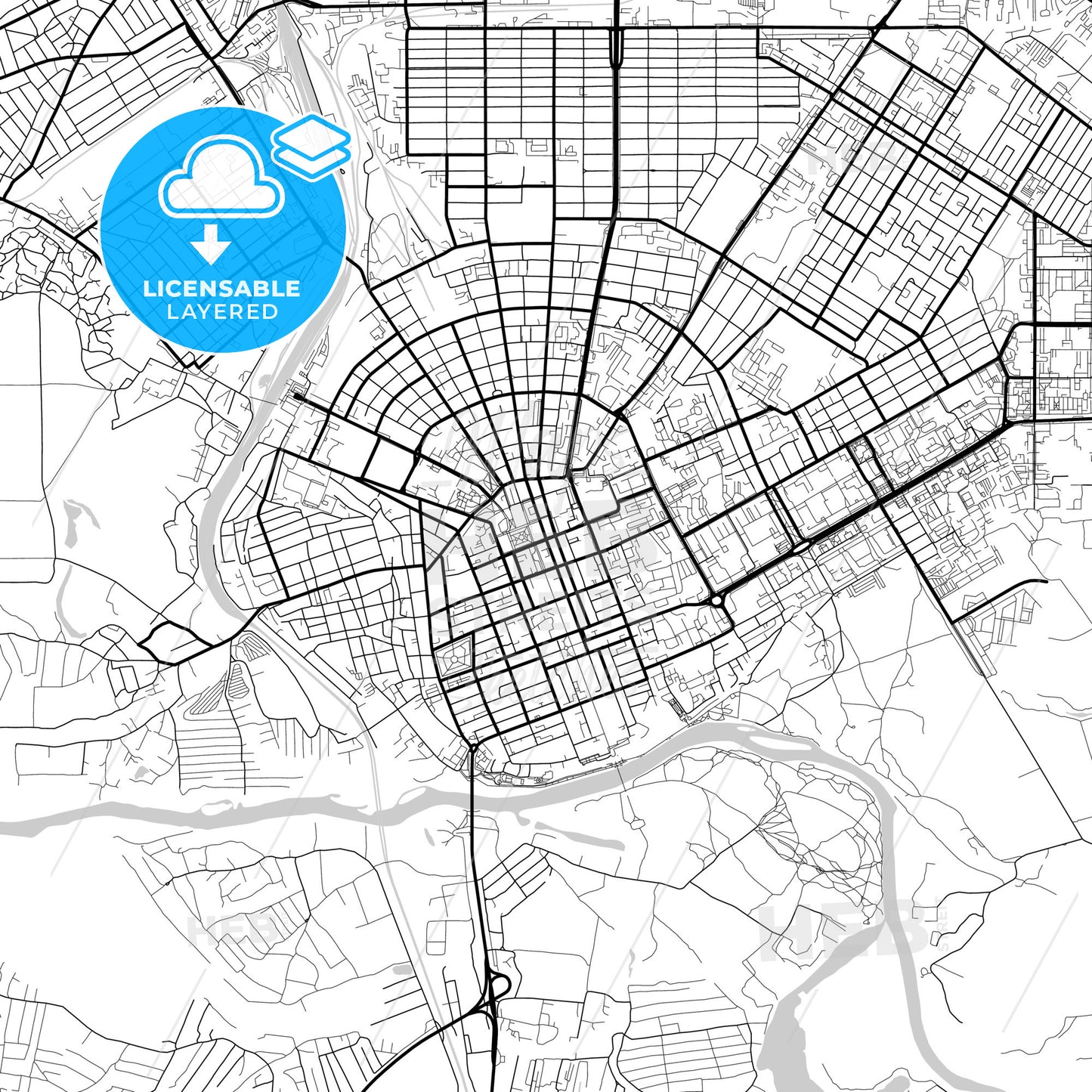 Layered PDF map of Orenburg, Orenburg Oblast, Russia