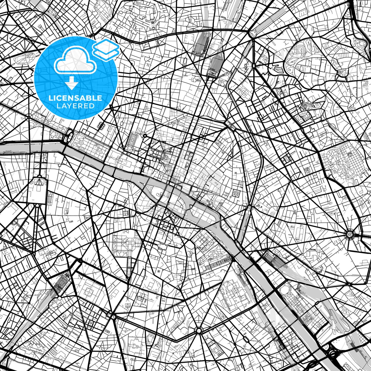 Layered PDF map of Paris, Paris, France