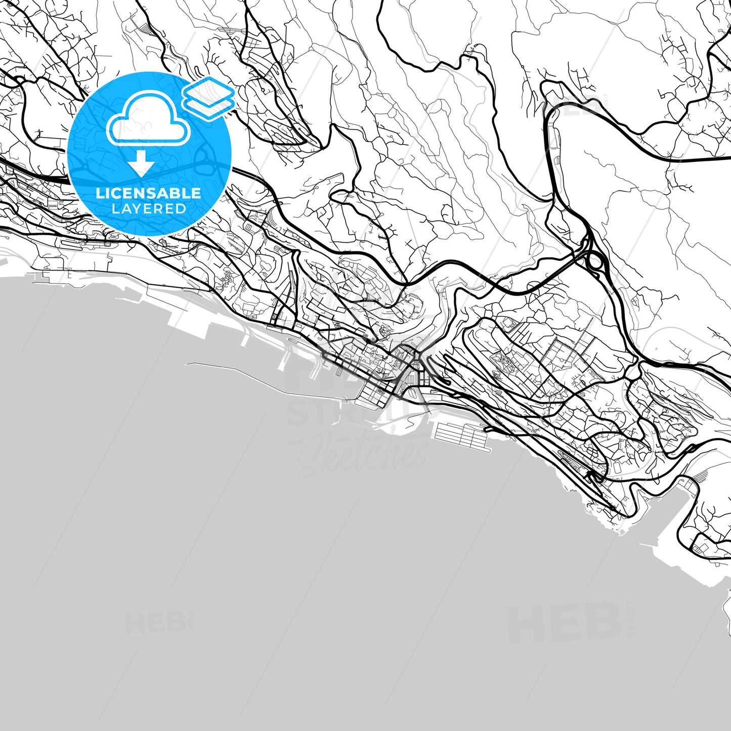 Layered PDF map of Rijeka, Primorje-Gorski Kotar, Croatia