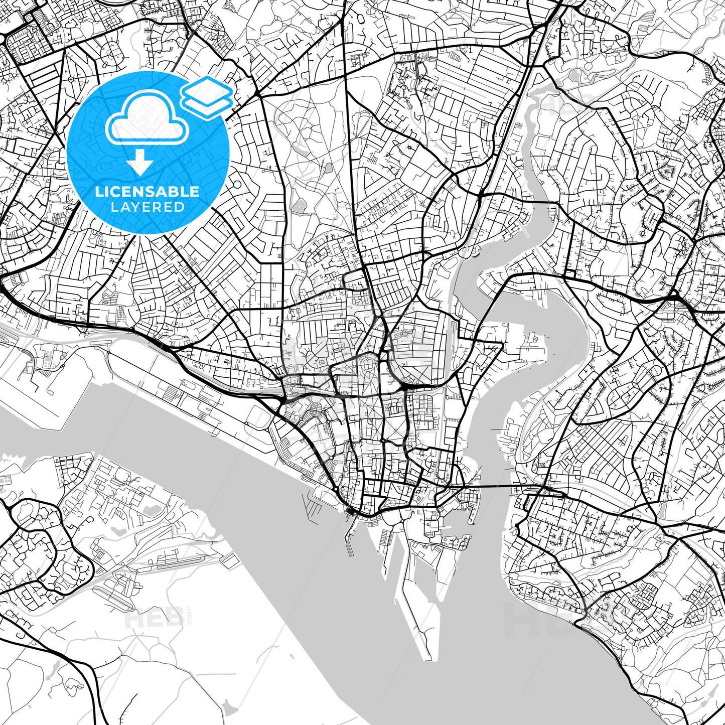 Layered PDF map of Southampton, South East England, England