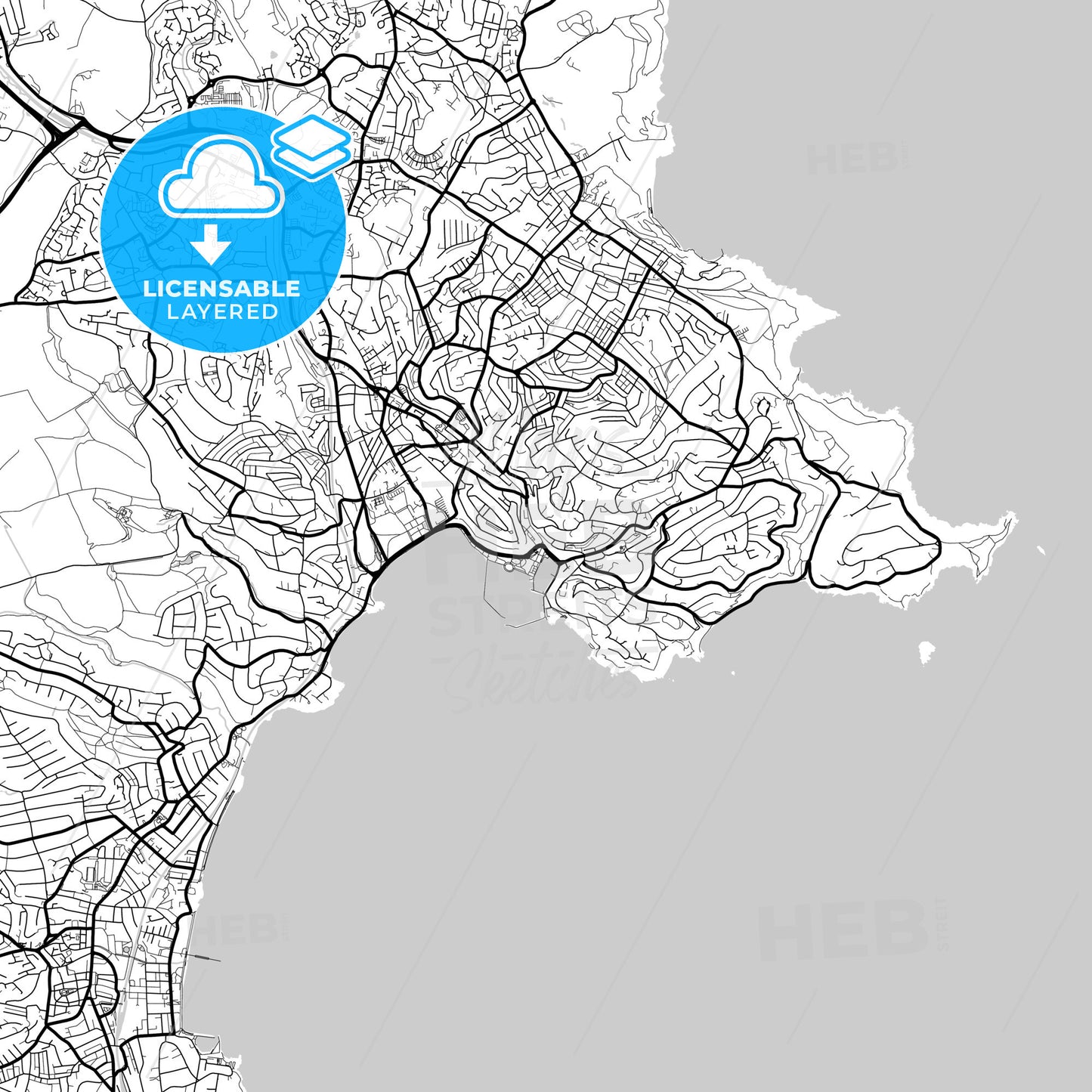 Layered PDF map of Torquay, South West England, England