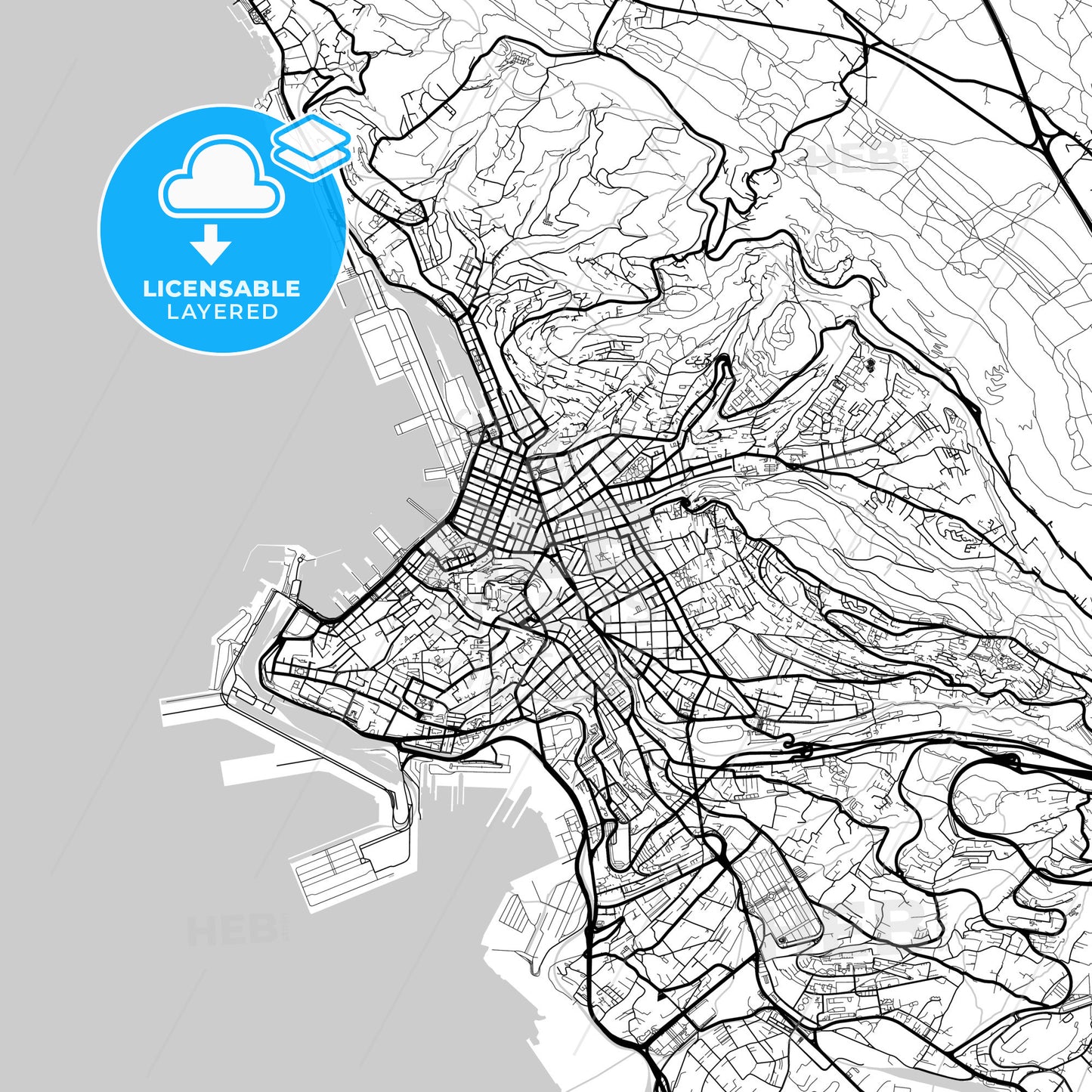 Layered PDF map of Trieste, Friuli-Venezia Giulia, Italy