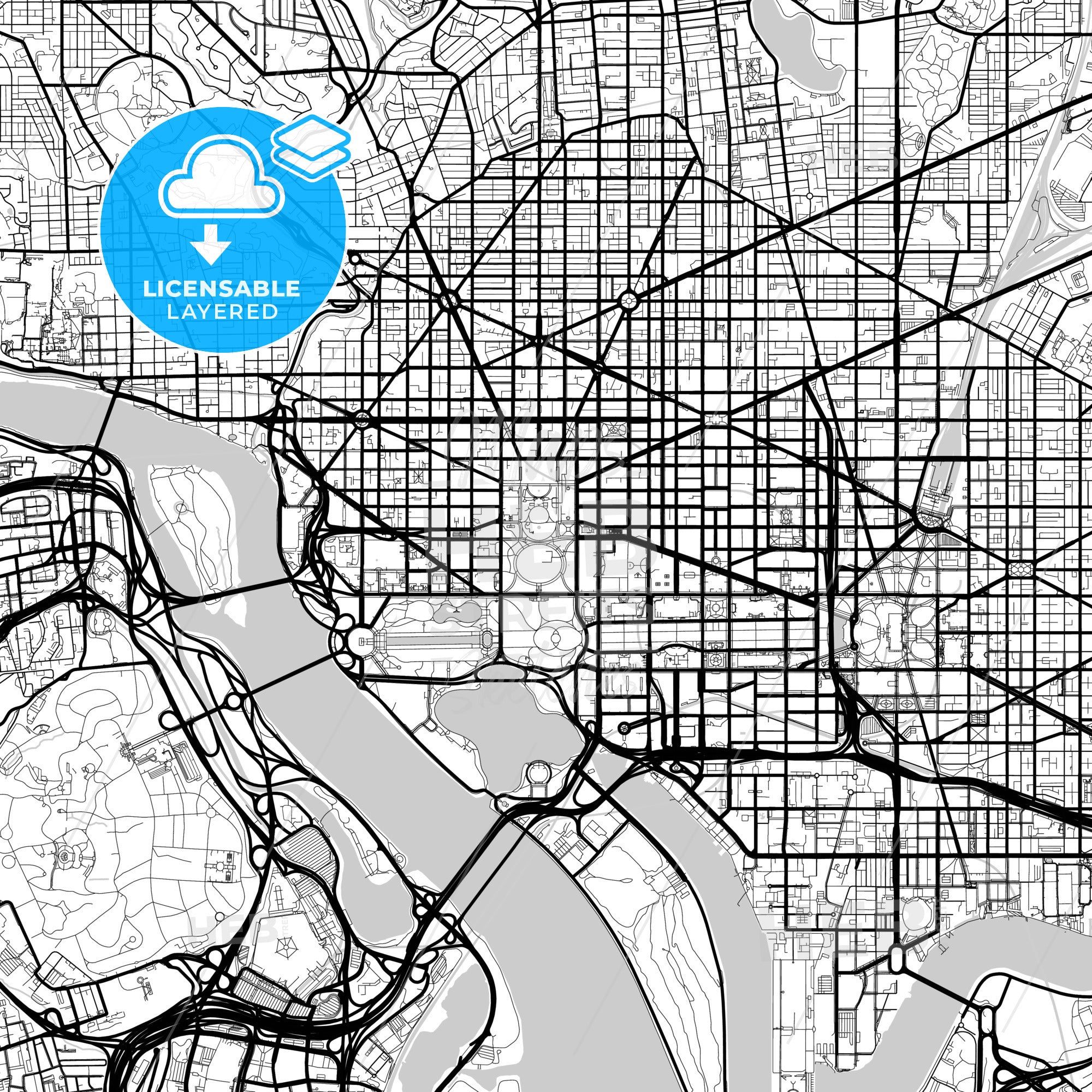 Washington, D.C. land and road map. retailer 16in by 20in made from layered Baltic Birch.