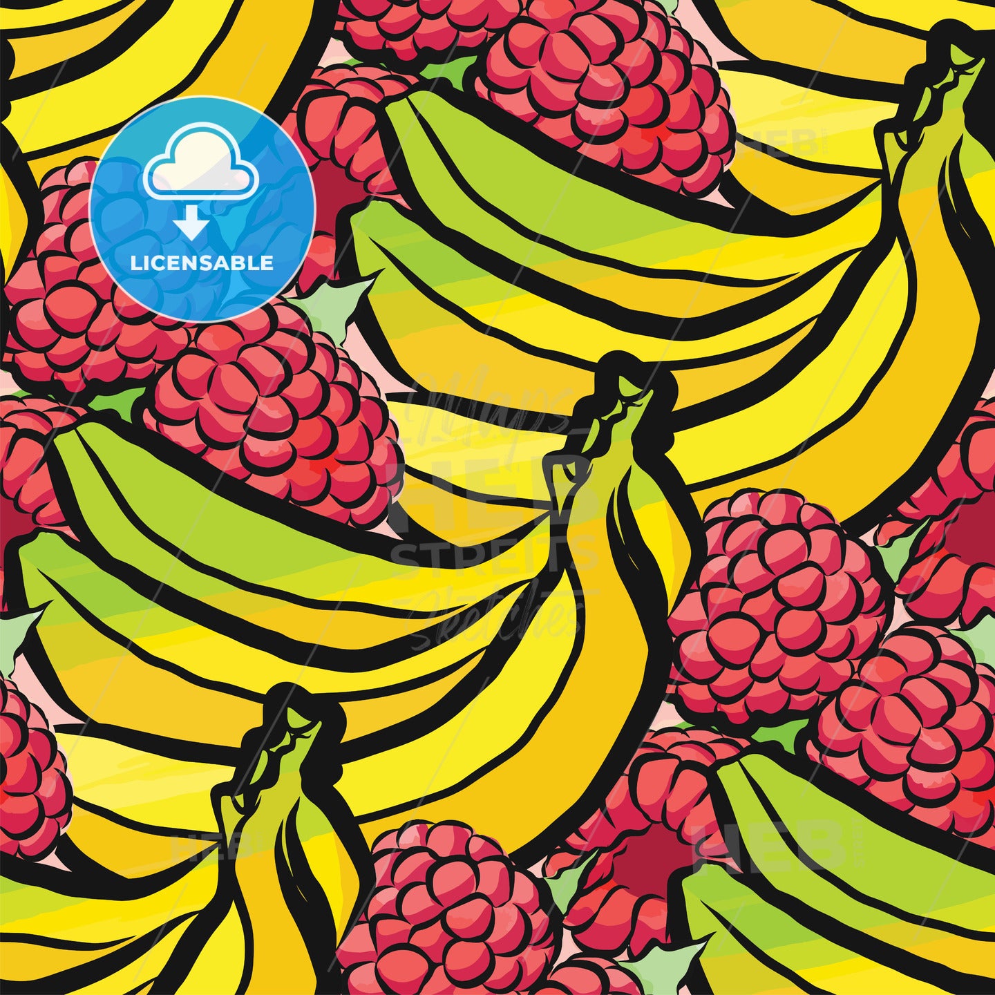 seamless pattern of raspberries and bananas – instant download