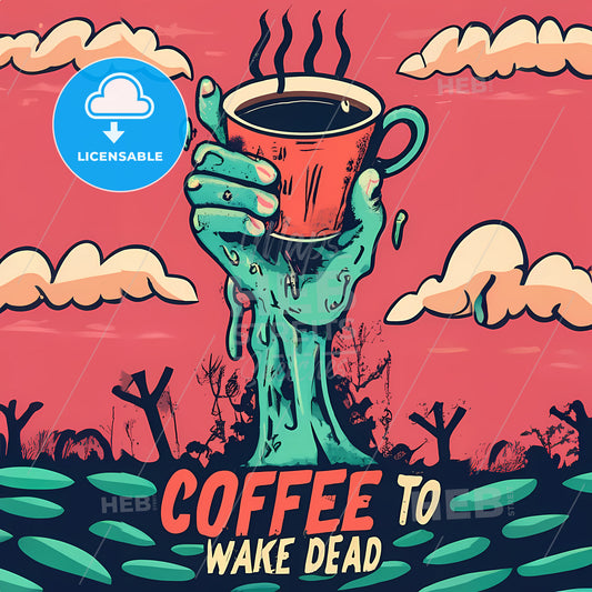 Coffee To Wake Dead - A Cartoon Of A Hand Holding A Cup Of Coffee