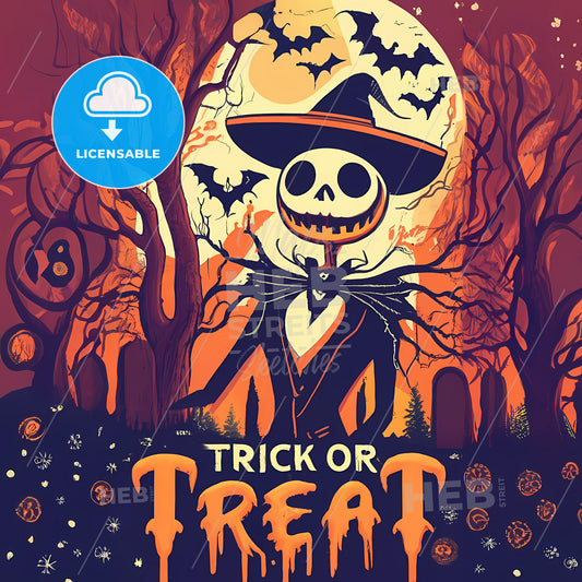 Trick Or Treat - A Cartoon Of A Man With A Skull Head And A Hat