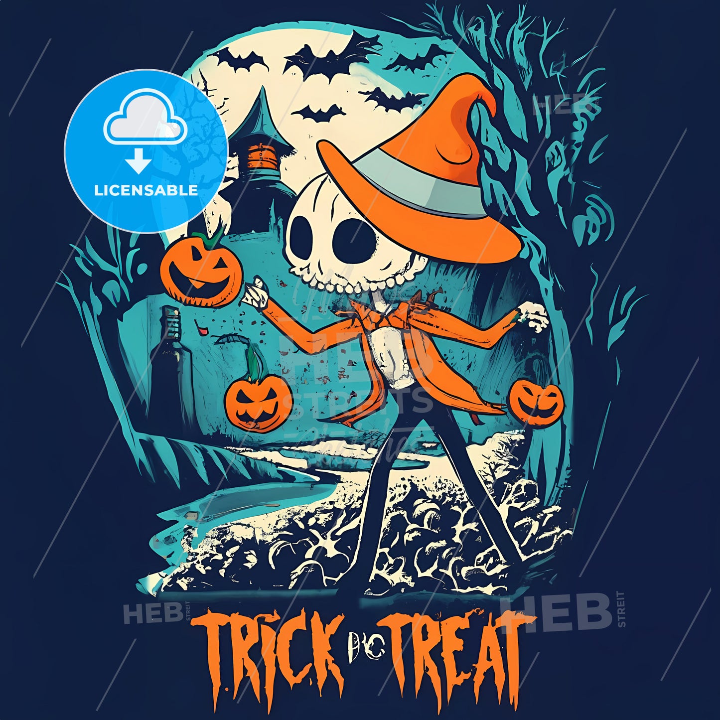 Trick Or Treat - A Cartoon Of A Skeleton Holding Pumpkins