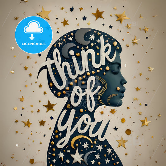 Think Of You - A Blue And Gold Painted Womans Head With Stars And Text