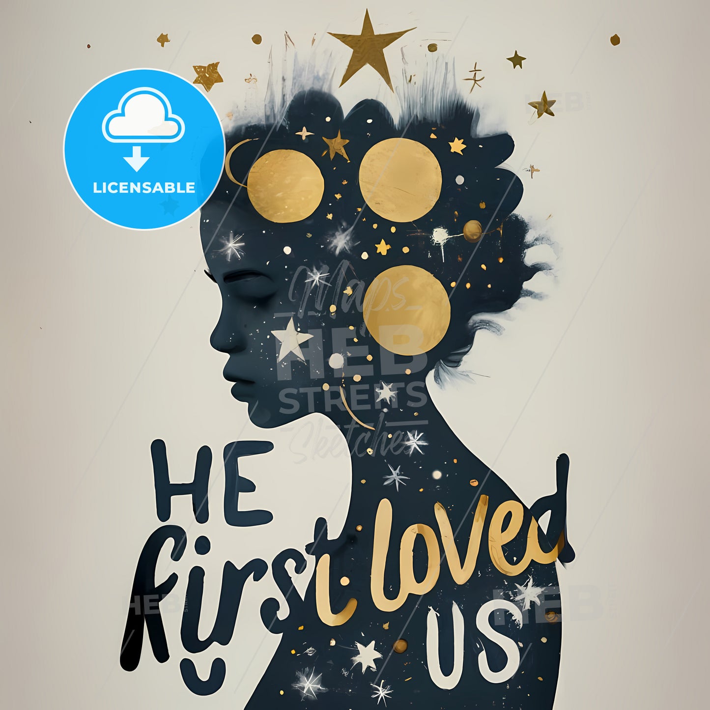 He First Loved Us - A Womans Profile With Stars And Moon
