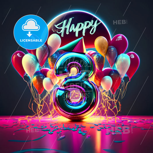 Happy 3Rd - A Number Three With Balloons