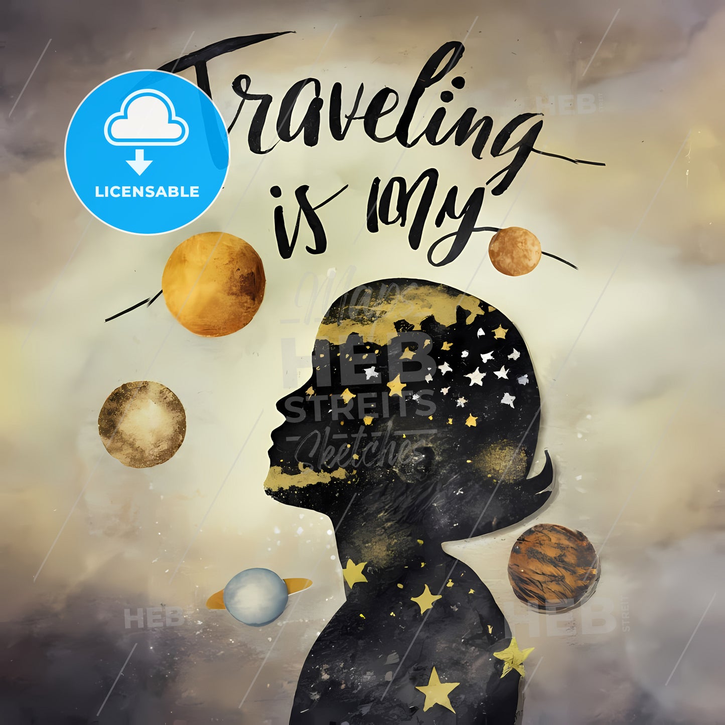 Traveling Is My Passion - A Womans Head With Stars And Planets