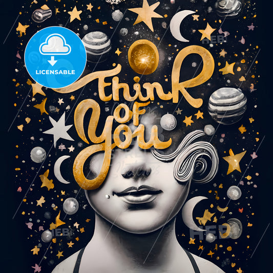 Think Of You - A Poster With A Womans Face And Stars And Planets