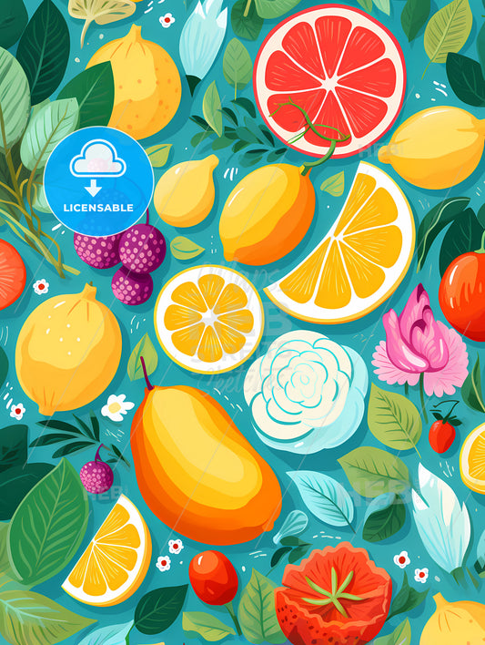 A Colorful Fruit Pattern With Flowers And Leaves