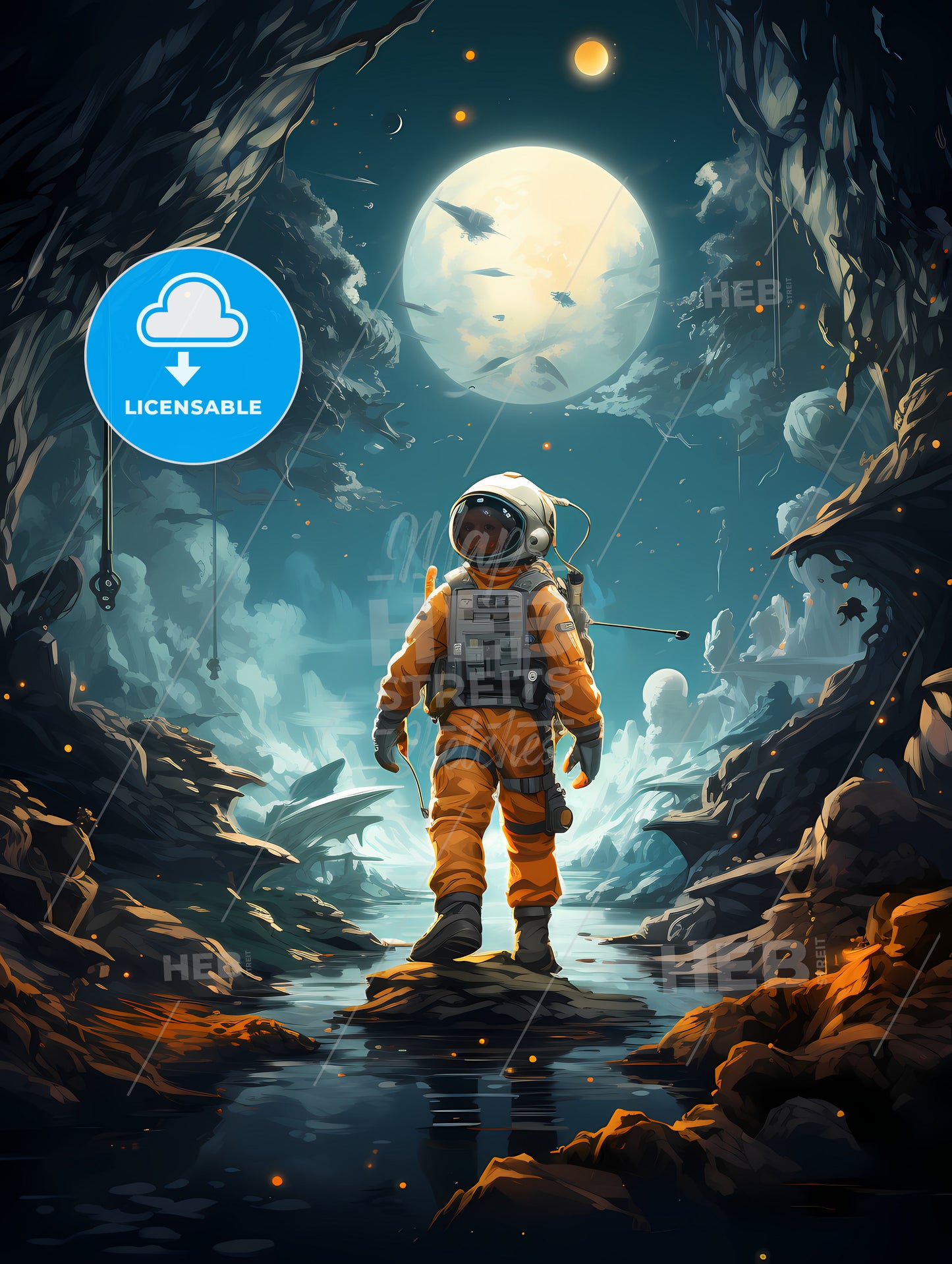 A Astronaut In An Orange Suit Standing In A Stream With A Full Moon