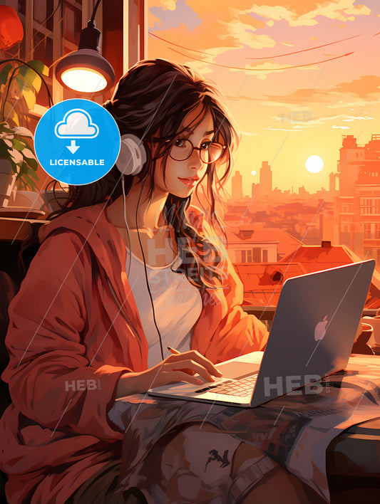 Work And Travel - A Woman Sitting At A Table With A Laptop And Headphones