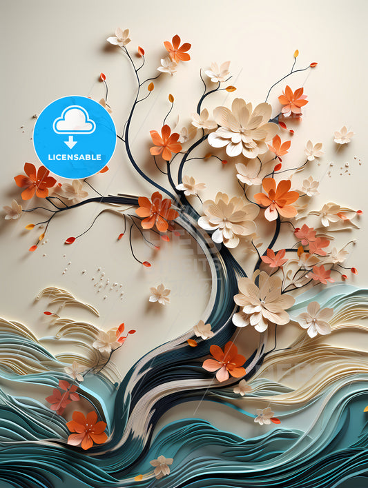 Floral Dream - A Tree With Flowers And Waves
