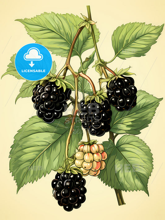 A Blackberries On A Branch With Leaves