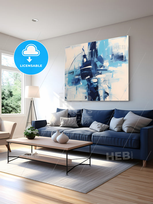 A Living Room With A Blue Couch And A Painting On The Wall
