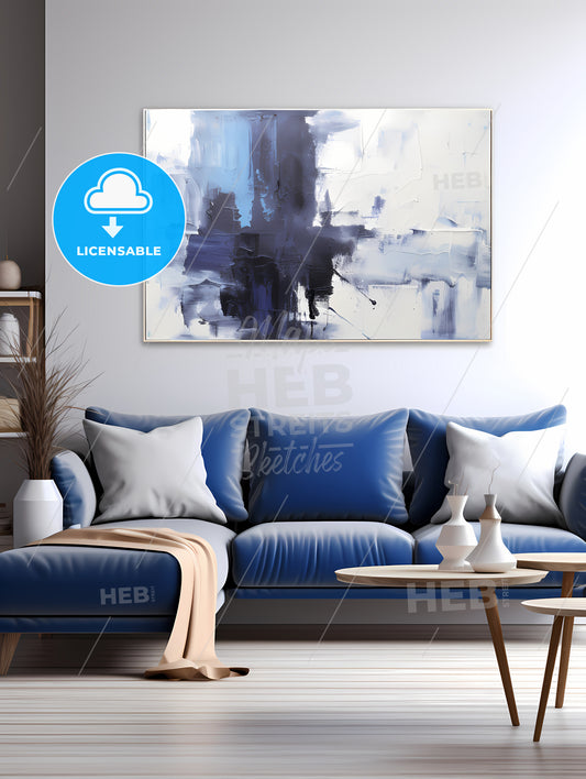 A Blue And White Living Room With A Large Painting On The Wall
